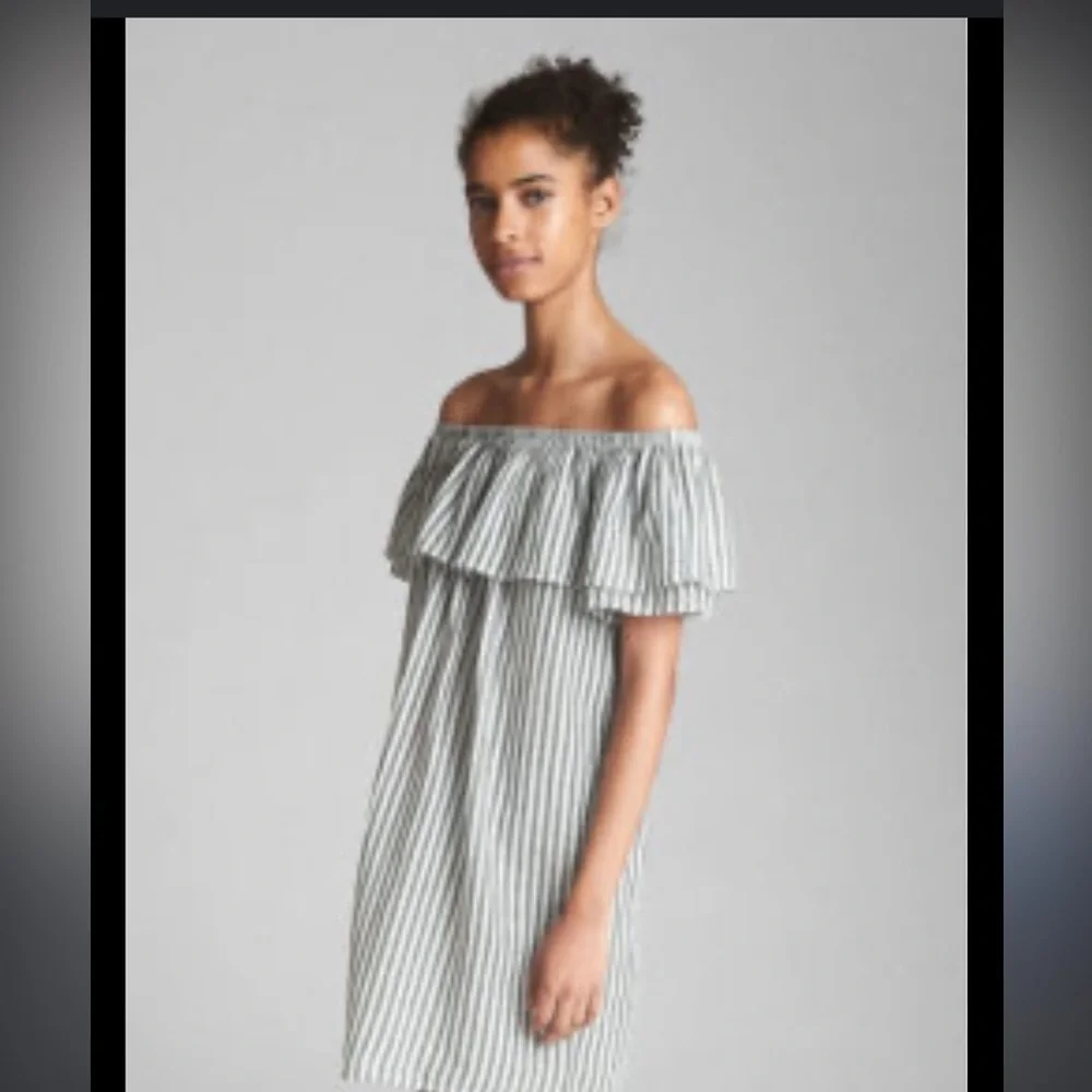 Umgee boho button front green white stripe ruffle top off shoulder dress S